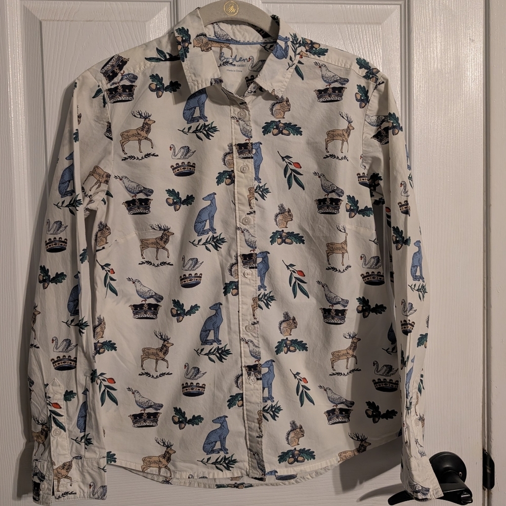 Boden Deer Squirrel Dog Icon Print Classic Button Up Collared Shirt 4p